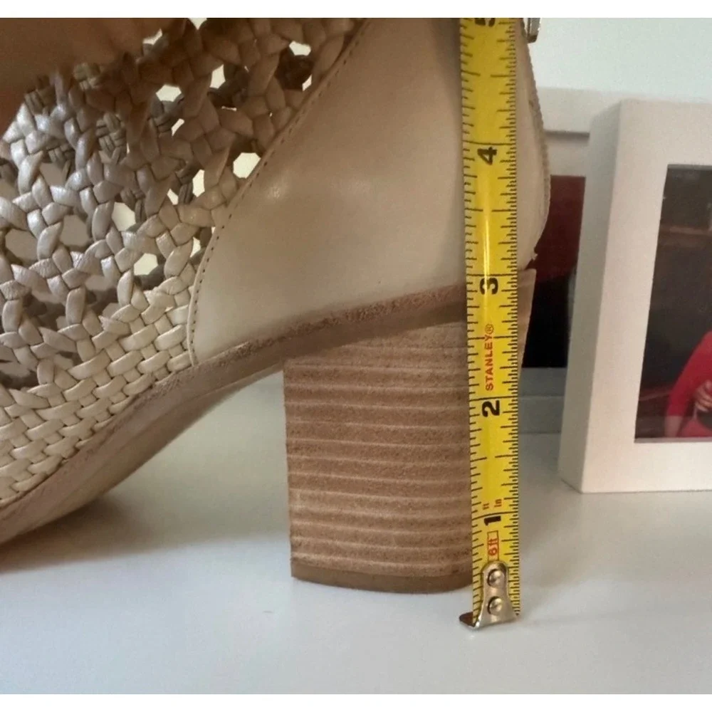 Woven Leather Pointed Toe Ankle Boots Cream‎ Block Heel Back Zip Size 7.5
